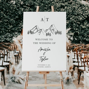 Modello di cartello di benvenuto per matrimonio in montagna, cartello modificabile in pino forestale, cartello decorativo per ricevimento in pino rustico, segnaletica di grandi dimensioni stampabile, Canva