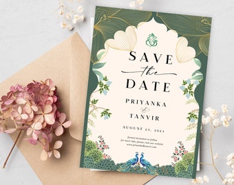 Editable Indian Wedding Save the Date Green | Pichwai Garden with Peacocks | Instant Download