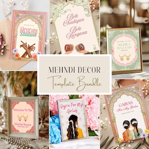 Op de afbeelding: Een verzameling Mehndi decor sjablonen, met diverse ontwerpen met bloemen en sierlijke elementen. De sjablonen bevatten borden met teksten als "Mehndi Station", "Bole Chudiyan" en "Gajra For My Girlies". Het kleurenpalet omvat roze, groen en goud.