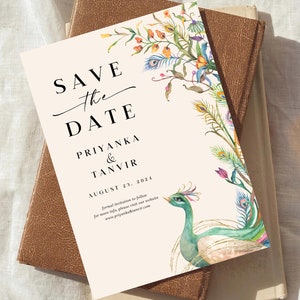 Peacock Save the Date, Indiase huwelijksuitnodiging, hindoe bruiloft RSVP uitnodigen, digitale uitnodiging, afdrukbare kaart, verlovingsaankondiging