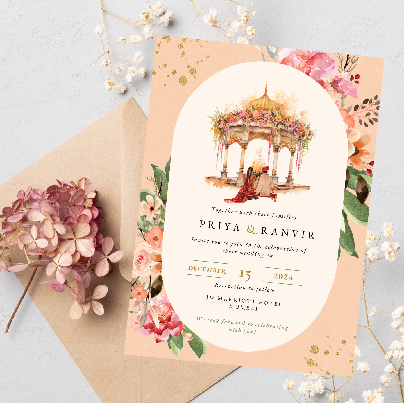 Indian Wedding Invitation Template, Digital Hindu Wedding Save the Date, Indian Wedding Cards, Editable Template, Mandap Illustration, Canva