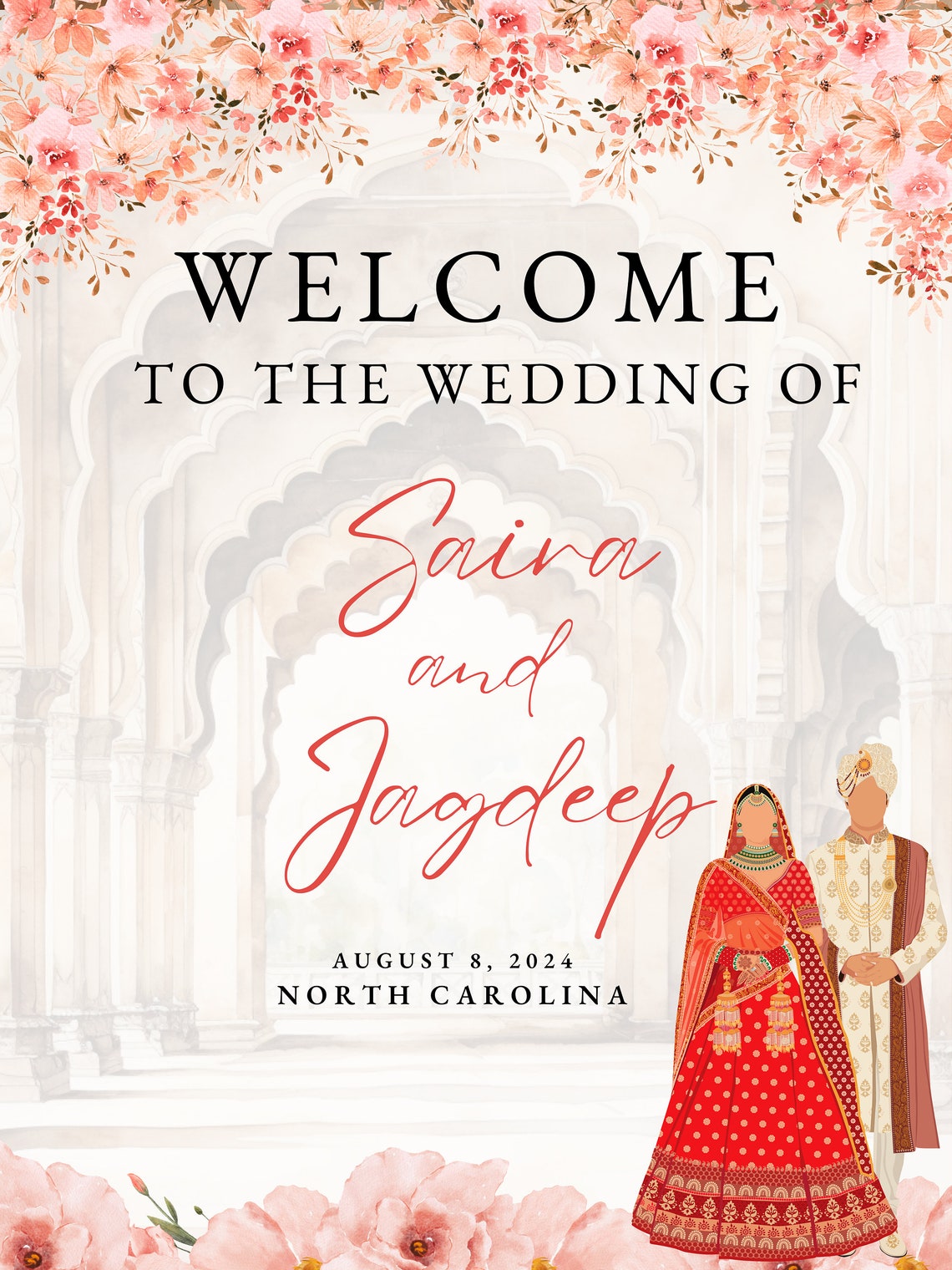 Anand Karaj Sign, Royal Hindu Wedding Sign With Couple Illustration, Floral Sign