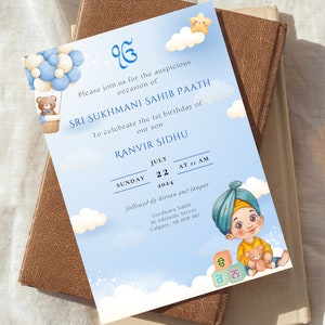 Pierwsze zaproszenie urodzinowe, zaproszenie Sukhmani Sahib, cyfrowa ścieżka Akhand, zaproszenie Sri Sehaj Paath, ilustracja dziecka pendżabskiego, alfabet pendżabski
