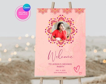 Mehndi decor, Mehndi sign, Mehndi welcome sign,  Mehndi decoration for Indian weddings, Custom mehndi signs, Welcome mehndi board, Canva