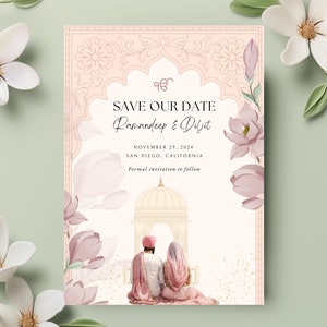 Modèle de carte « Save the Date » indienne, faire-part de mariage Anand Karaj, illustration personnalisée, carte de mariage sikh, faire-part de mariage hindou, pendjabi