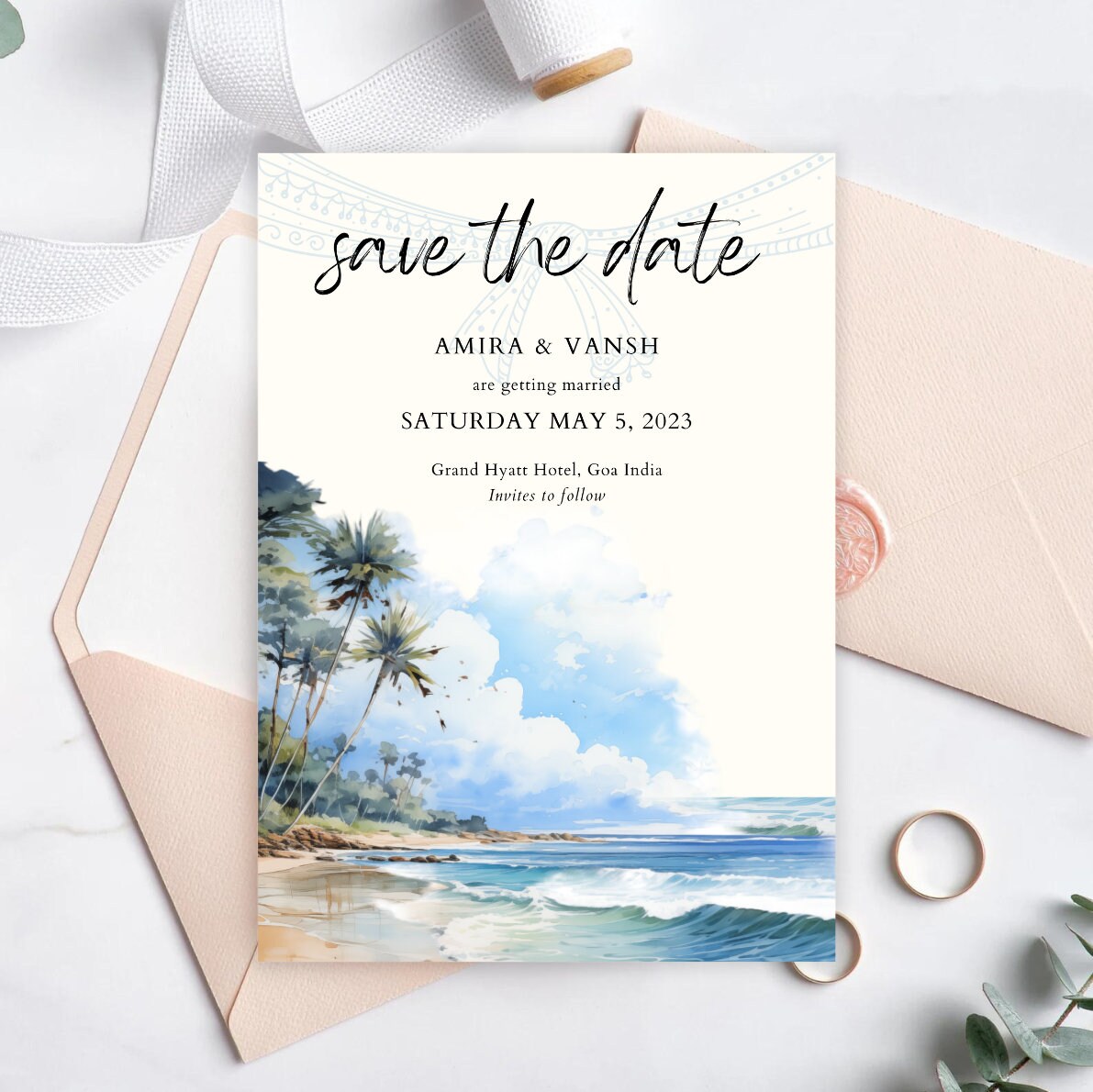 Tropical Beach Save the Date Template, Goa Indian Wedding Invitation ...