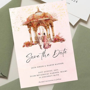 Sjabloon Indiase bruiloft uitnodiging, Anand Karaj Invite, bewaar deze datums, aangepaste illustratie, moderne bruiloft uitnodiging, digitale download, Canva