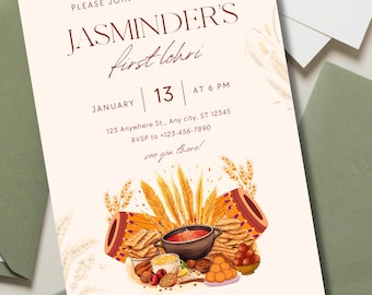 Lohri-Einladungskarte, Lohri-Feier, bearbeitbare DIY-Einladung, Canva-Vorlage sofort-Download, indische Party einladen, elektronische Einladung