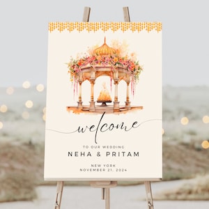 May include: Welcome sign for a wedding with a watercolour illustration of a floral decorated wedding mandap. The sign reads "Welcome to our wedding Neha & Pritam New York November 21, 2024".