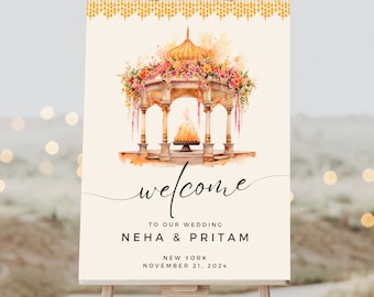 Floral Mandap Wedding Welcome Sign for Hindu Ceremony, Editable Canva Template