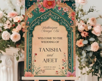Punjabi Sikh Wedding Welcome Sign — Vadhaiyan Sareya Nu, Teal Mughal Arch, Canva Template