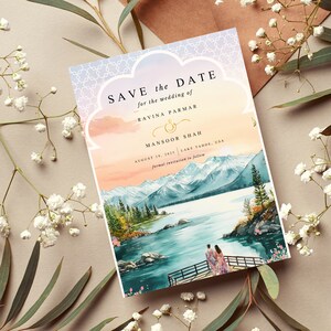 Modelo de convite de casamento em Lake Tahoe, Reserve a data para casamento no destino, Cartão de casamento hindu, Cartão Punjabi Roka, Reserve a data digital