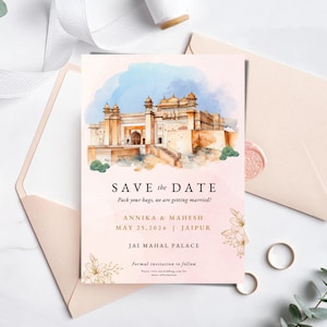 Convite de casamento de destino em Jaipur, cartão indiano para salvar a data, casamento hindu, convite de casamento para impressão, convite de casamento indiano elegante