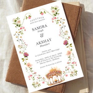 Cartão de convite de casamento indiano, convite para salvar a data para casamentos hindus, cartão de casamento Mandap, modelo editável do Canva, salvar a data, Roka