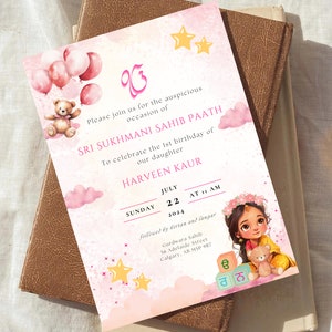 Convite de primeiro aniversário, convite Sukhmani Sahib, caminho digital Akhand, convite Sri Sehaj Paath, ilustração de bebê Punjabi, alfabeto Punjabi