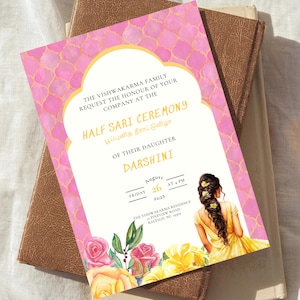 Tamilische Pubertätszeremonie Einladung Vorlage, Samathiya Veedu Evite Karte, Halbe Saree Zeremonie Einladen, Halb Sari Ecard, druckbare Canva Karte