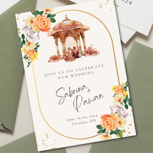 Convite Sikh para casamentos em Punjabi, cartão de casamento indiano, Anand Karaj, convite de casamento floral, modelo de cartão editável, download digital