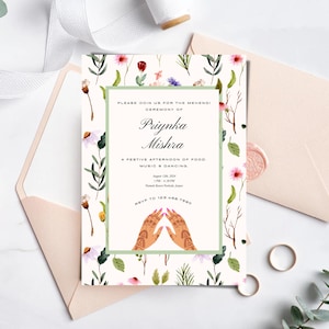 Indiase Mehendi uitnodigingskaart, Floral Mehndi & Haldi ceremonie uitnodigen, Indiase bruiloft Ecard, digitale bruiloft uitnodigen, Henna ceremonie kaart