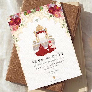 Sjabloon Indiase bruiloft uitnodiging, aangepaste sikh paar illustratie, sikh trouwkaart, Punjabi Save the Date, Anand Karaj digitale uitnodiging