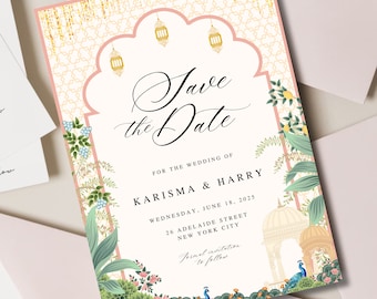 Royal Indian Wedding Invitation Template, Elegant Save the Date, Hindu Wedding Card, South Indian Wedding, Tamil Wedding, Pichwai Garden