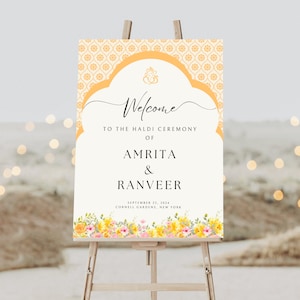 Cartello di benvenuto per matrimonio indiano, cartello d'ingresso Haldi, poster di matrimonio indiano, cartello d'ingresso per matrimoni, arredamento Mehndi, Dholki, cartello ad arco, modello