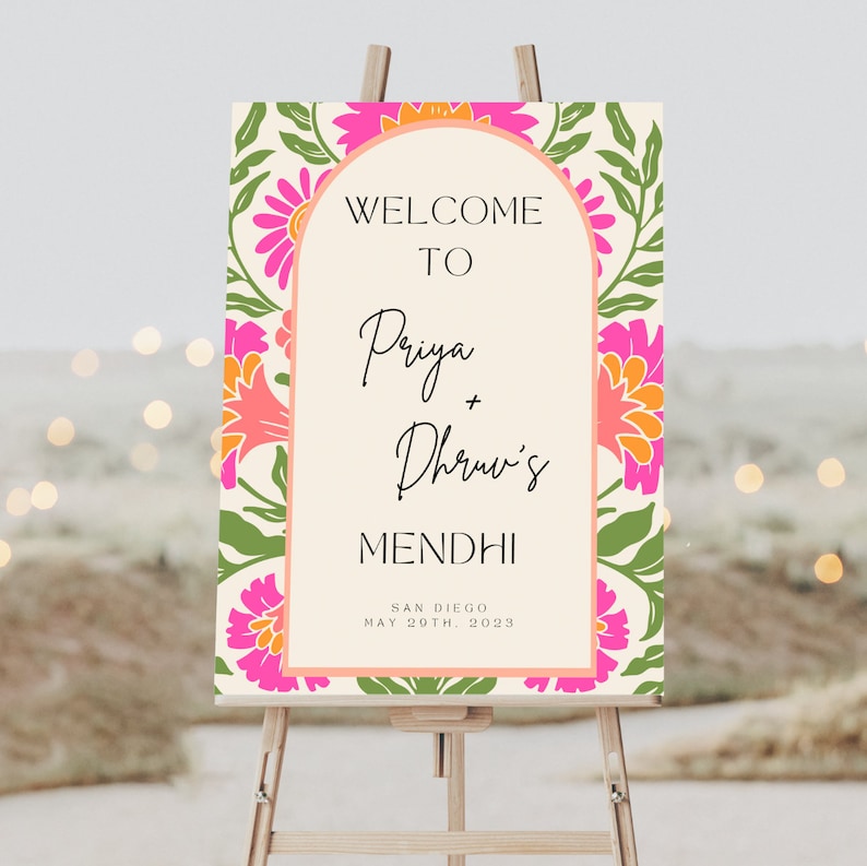 Pink and Orange floral mehndi wedding welcome sign