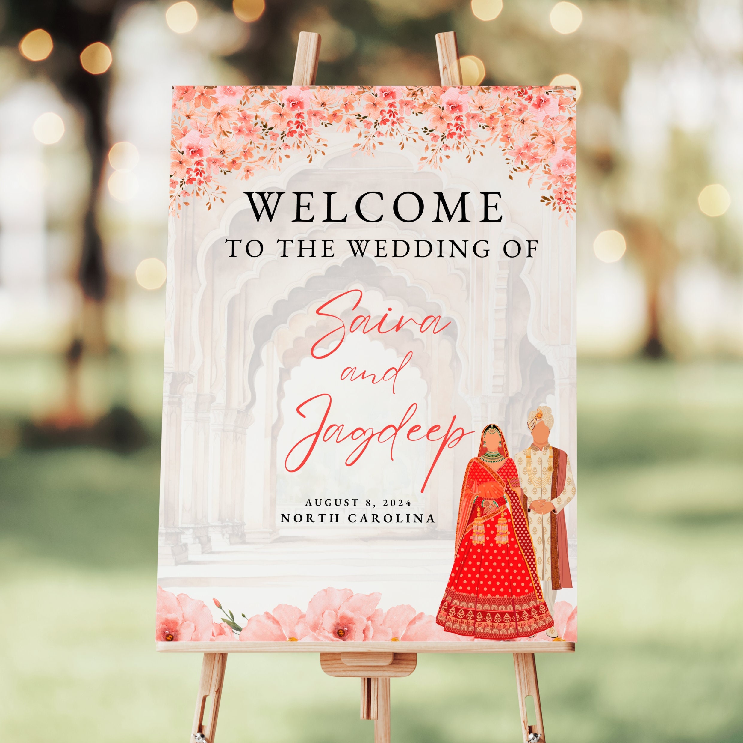 Anand Karaj Sign, Royal Hindu Wedding Sign With Couple Illustration, Floral Sign