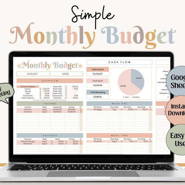 Simple Monthly Budget Template for Google Sheets Budget Spreadsheet Weekly Budget Finance Planner Budget Spreadsheet Bill Pay Spreadsheet