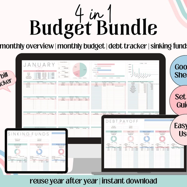 4-in-1-Monatshaushaltstabelle Familienhaushalt Google Sheets Gehaltsscheck-Budget Wöchentlicher Finanz-Tracker Debt Payoff Tracker Sinking Funds Track