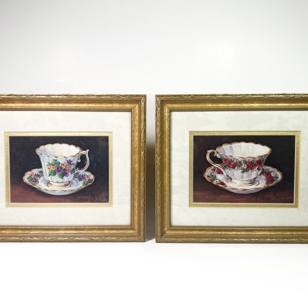 Lot of 2 - Barbara Mock Tea Cup Framed Fine Art Prints - Violet and Rose Bouquet - Matted with Gold Frame - 1990s