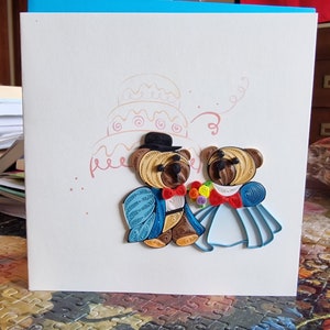 Carte de voeux quilling - mariage heureux - fiançailles heureux - carte de joyeux anniversaire - couple d'ours - cadeau de mariage - déco de bureau
