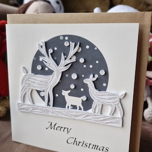 Biglietto di auguri di Natale con quilling - Famiglia di cervi delle nevi