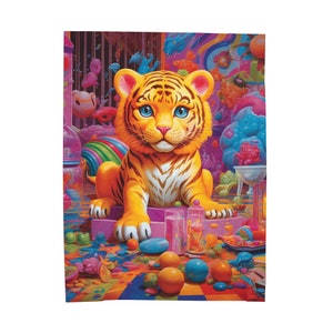 90&#39;s Tiger Blanket- Roaring Retro Vibes: 90s Tiger Blanket - Embrace Bold Feline Power in Cozy Comfort, Velveteen Plush Blanket