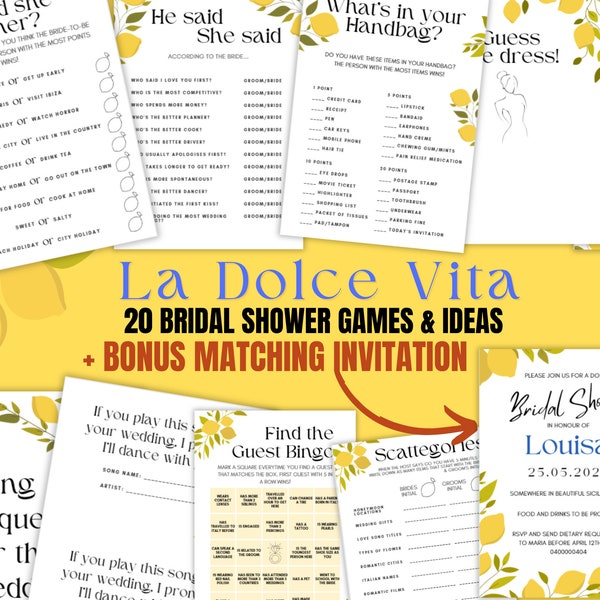 Italy Bridal Shower Games Bundle La Dolce Vita bridal shower Amalfi coast gamesTemplate suite ideas lemon italy themed