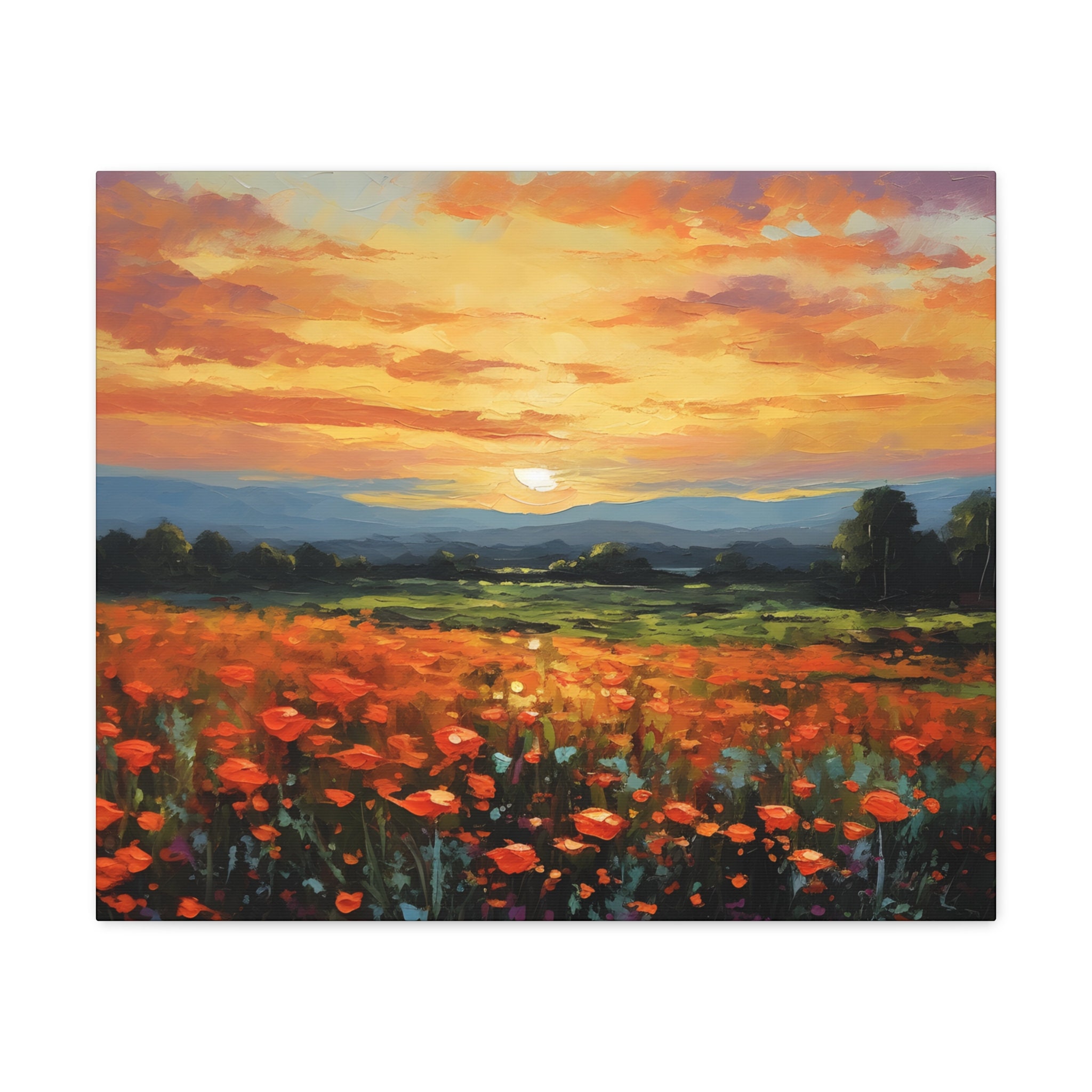 Canvas Gallery Wraps, Vibrant Sunset in Flower Field: Impressionistic ...
