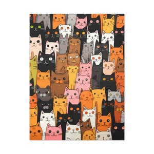 Puede incluir: Una ilustración colorida de un grupo de gatos con diferentes colores de pelaje y patrones. Los gatos están mirando al espectador y tienen una variedad de expresiones en sus caras.