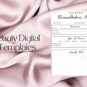 Op de afbeelding: Digitale beauty templates op een roze satijnen achtergrond. De afbeelding bevat een consultatieformulier met secties voor klantinformatie, zorgen en servicetypes. Een klantenkaart is ook zichtbaar.