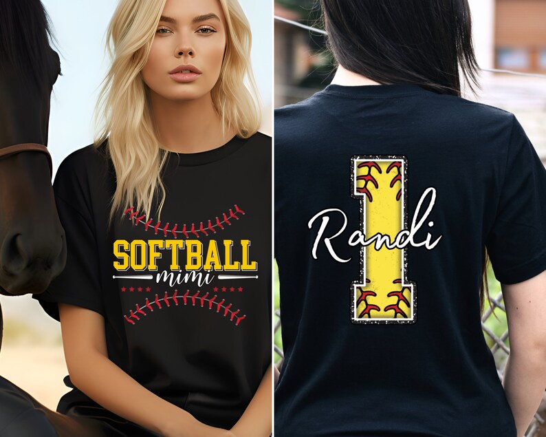 May include: Two black t-shirts with a softball theme. One shirt has the text "SOFTBALL mimi" with a red and white baseball stitch design. The other shirt has a large yellow number "1" with red stitching and the name "Randi" in white cursive writing.