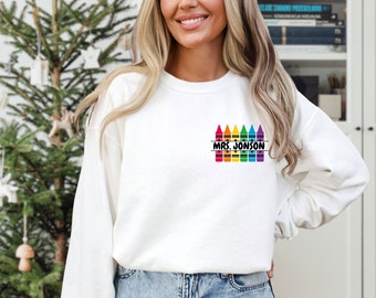 Customized Teacher Sweatshirt, Crayon Name Back to School Hoodie, Kindergarten Teaching Apparel