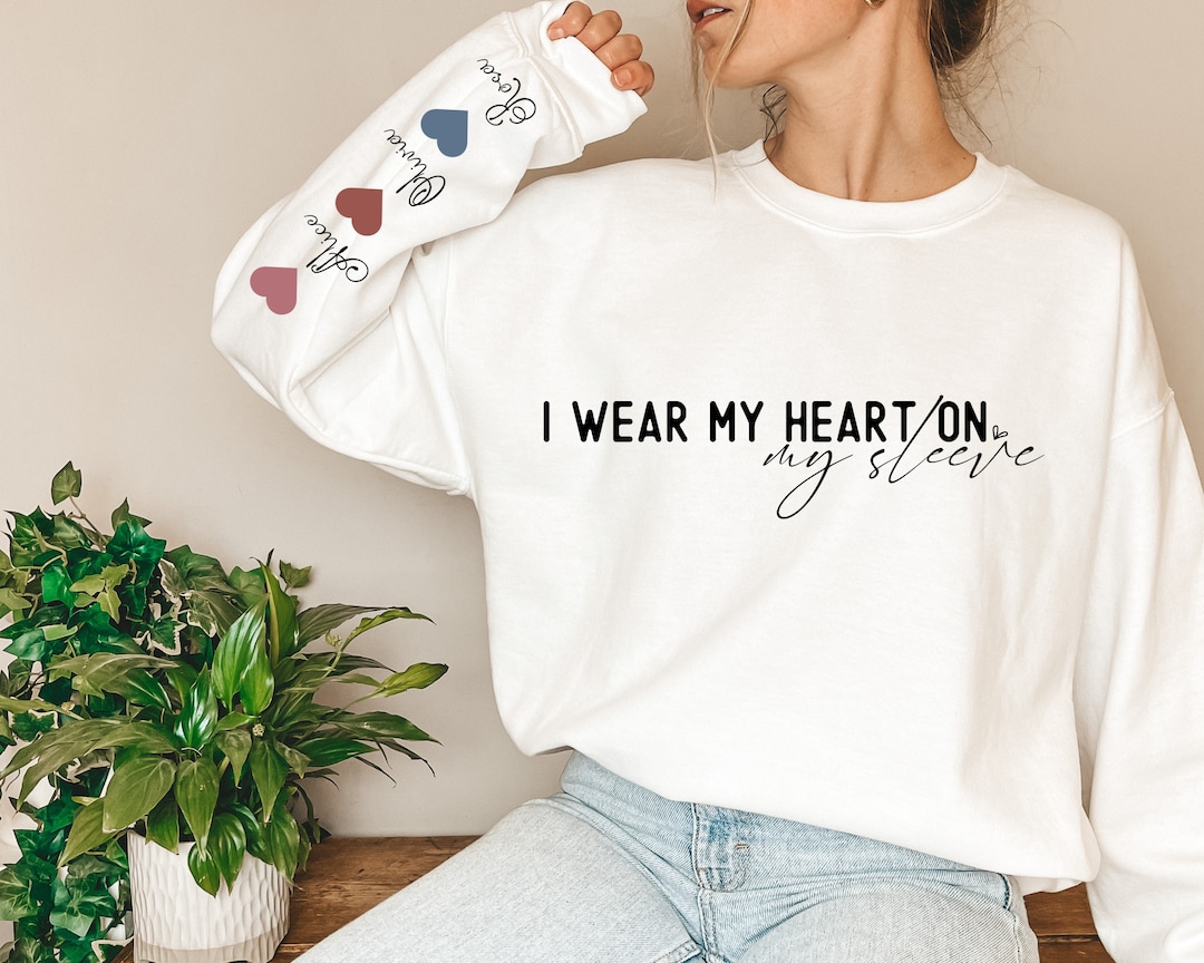 Personalized I Wear My Heart on My Sleeve Sweatshirt, Gift for Mom, Mama Hoodie With Children
