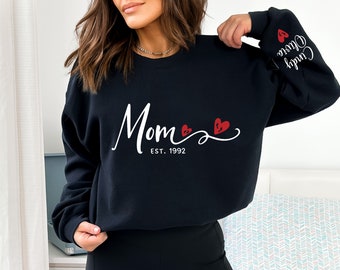 Custom Mom Est With Kids Names and Heart on Sleeve Sweatshirt, Mom Est Hoodie, Unique Gifts For Mom, Mothers Day gift, Custom Mom Hoodie