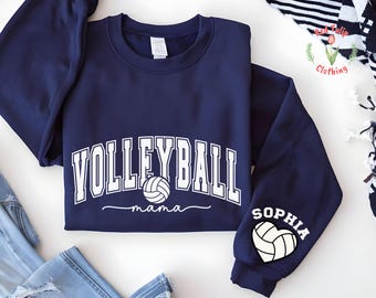 Personalized Volleyball Mama Sweatshirt With Kid Name, Volleyball Game Day Hoodie Crewneck