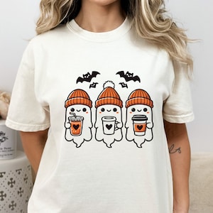 Comfort Colors® Cute Coffee Ghosts Shirt, Halloween Ghost T-Shirt, Cozy Autumn Ghosts Shirt, Spooky Coffee Shirt, Perfect Halloween Gift