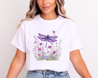Women's Dragonfly Floral Shirt, Boho Dragonfly Shirt, Nature Lover Shirt, Garden Lover Gift, Cottagecore Shirt, Botanical Gift