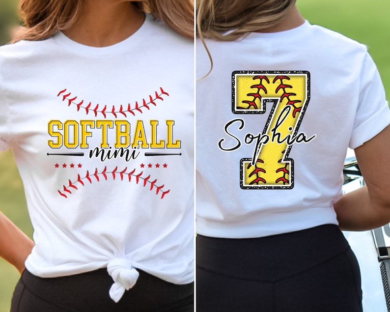 May include: White t-shirt with a softball design and the text "SOFTBALL mimi" on the front. The back of the shirt has a large yellow number 7 with a softball design and the name "Sophia" written in cursive.