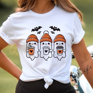 Cute Coffee Ghosts Shirt, Halloween Ghost T-Shirt, Cozy Autumn Ghosts Shirt, Spooky Coffee Shirt, Halloween Shirt, Perfect Halloween Gift