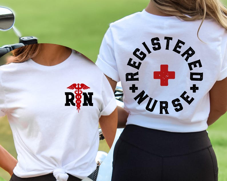 May include: Two white t-shirts with a red medical symbol and the text "RN" on the front and the text "Registered Nurse" with a red cross on the back.
