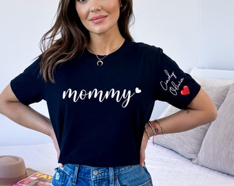 Personalized Mommy Shirt with Kids Names on Sleeve, Custom Mama Shirt