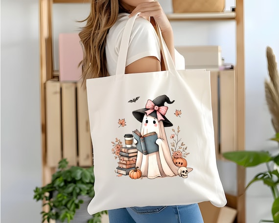 Halloween Bookish Ghost Tote Bag, Spooky Season