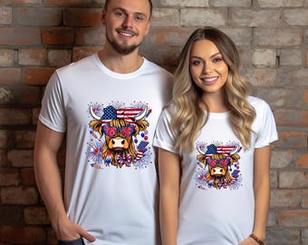 Highland Cow 4th Of July T-Shirt, American Cow Shirt, Independence Day Shirt, Patriotic Shirt, Cow Lover Gift, Western 4th of July Tee